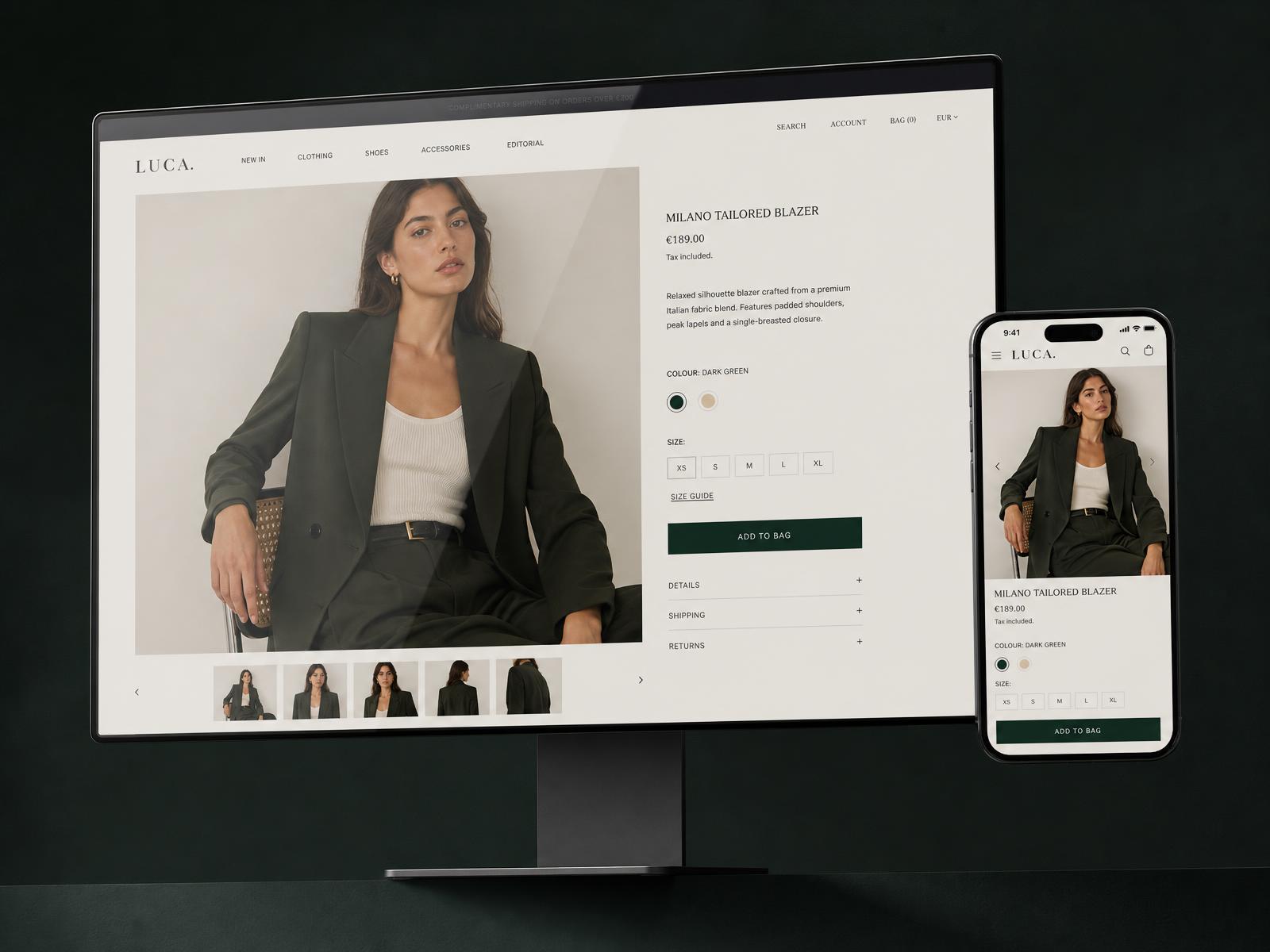 Bir moda markasının Shopify ürün sayfası: büyük masaüstü ekranı ve yanında aynı sayfanın mobil görünümü